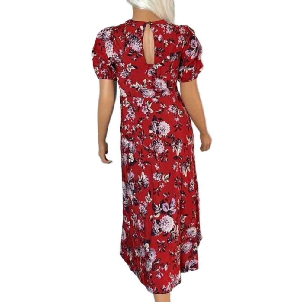 Maeve Anthropologie Red Floral Puff Sleeve Midi Dress 6P Petite High-Low - Picture 4 of 17
